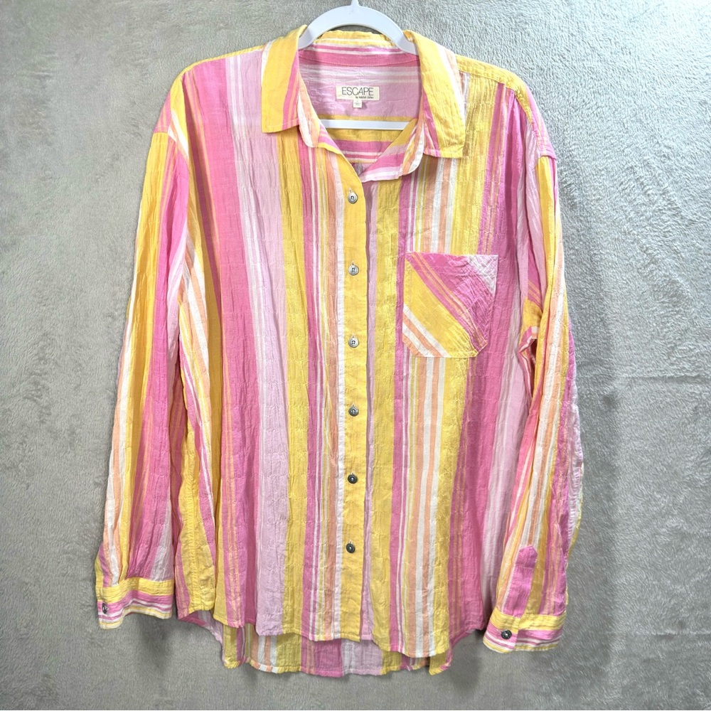 Escape by Habitat Clothes Button Down Women Large Pink Yellow Striped Seersucker